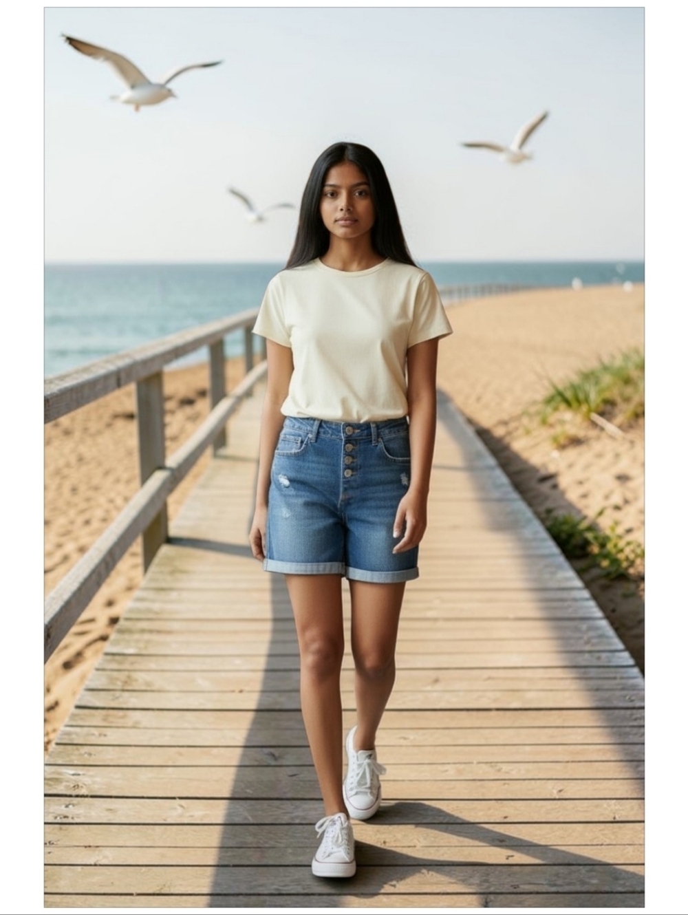 NWT thereabouts Distressed Maggie Wash MIDI Button-Front Jean Shorts